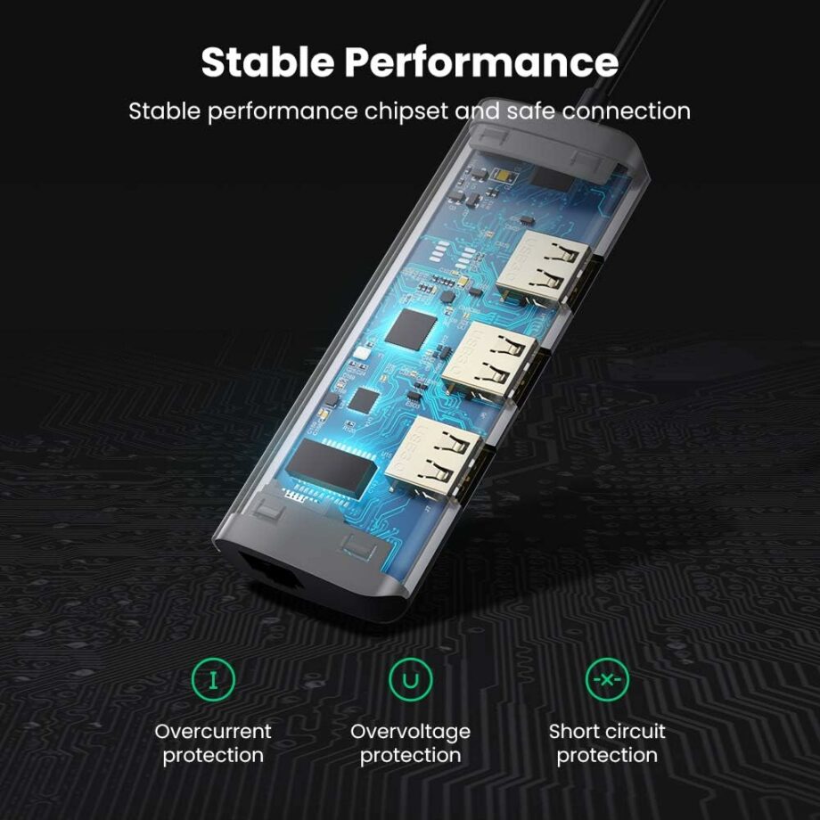 محول USB-C إلى 3xUSB-A3.0 بسرعة تصل إلى 5 جيجابت في الثانية + مدخل جيجا ايثرنت + منفذ طاقة مايكرو يو اس بي / 60718