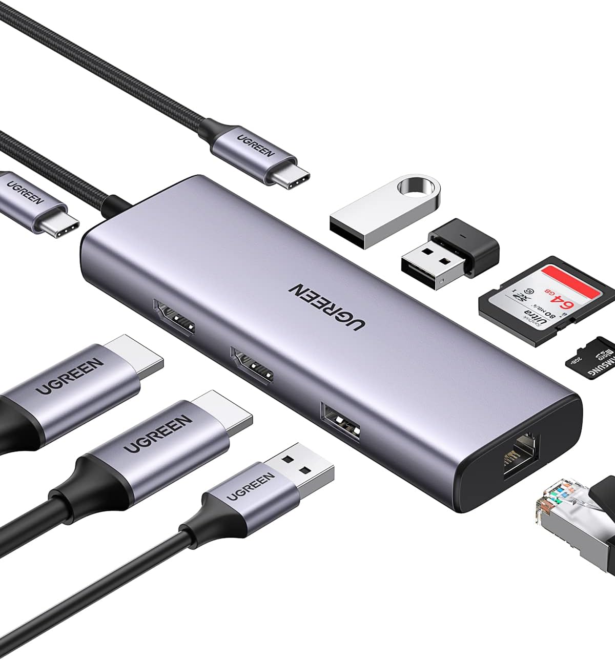 90119 / UGREEN USB-C to 2×USB 3.0+1×USB 2.0+2×HDMI+RJ45(1000M)+SD+TF+PD 4K60Hz