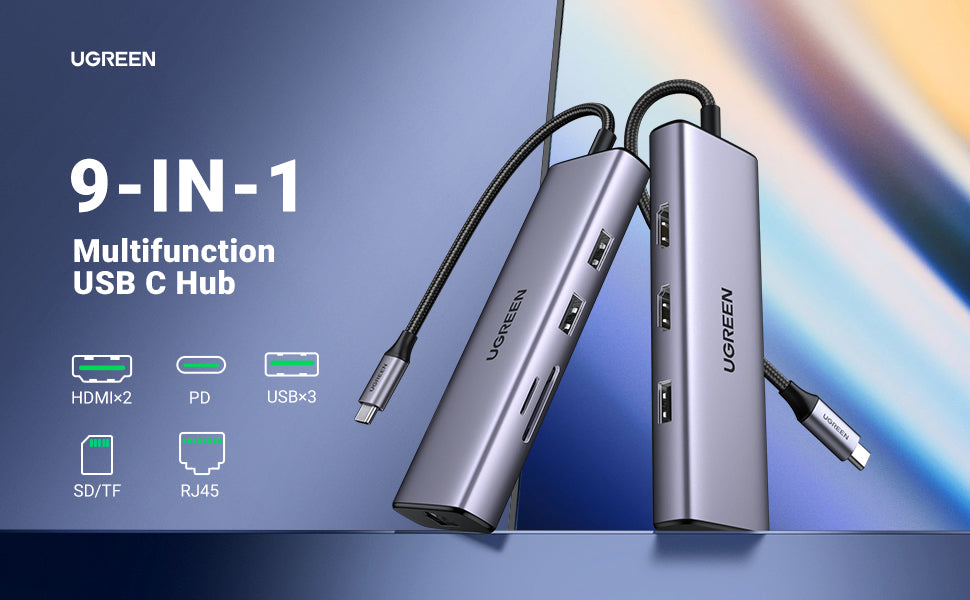 90119 / UGREEN USB-C to 2×USB 3.0+1×USB 2.0+2×HDMI+RJ45(1000M)+SD+TF+PD 4K60Hz