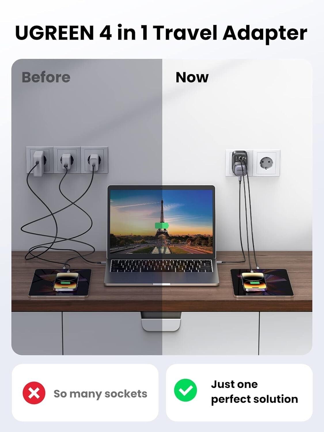15261 / UGREEN - Outlet Extender Converter (1 AC Outlets+ 30W 2A1C) UK Socket and EU Plug