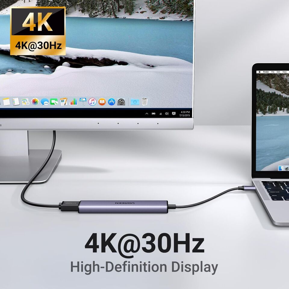 15495 / UGREEN USB-C to 1*USB 3.0 Up To 5Gpbs + 2*USB 2.0 Up To 480Mbps + HDMI Port With PD 100Watt Adapter