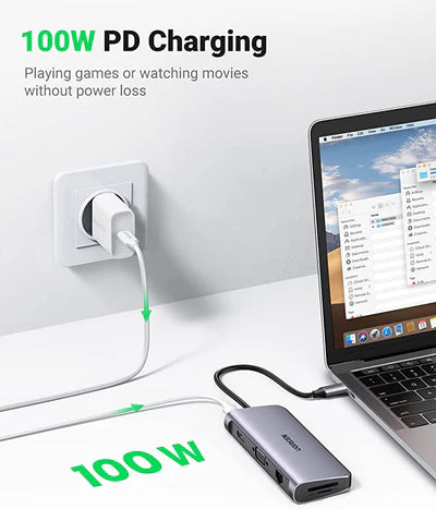 80133 / UGREEN USB-C to 3*USB 3.0 A+HDMI 4K@30Hz;2K@60HZ;1080P@120Hz + VGA +RJ45 +SD/TF + 3.5mm Audio + PD Multifunction Adapter (Space Gray)