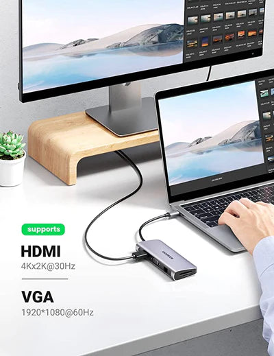 80133 / UGREEN USB-C to 3*USB 3.0 A+HDMI 4K@30Hz;2K@60HZ;1080P@120Hz + VGA +RJ45 +SD/TF + 3.5mm Audio + PD Multifunction Adapter (Space Gray)