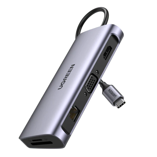 80133 / UGREEN USB-C to 3*USB 3.0 A+HDMI 4K@30Hz;2K@60HZ;1080P@120Hz + VGA +RJ45 +SD/TF + 3.5mm Audio + PD Multifunction Adapter (Space Gray)