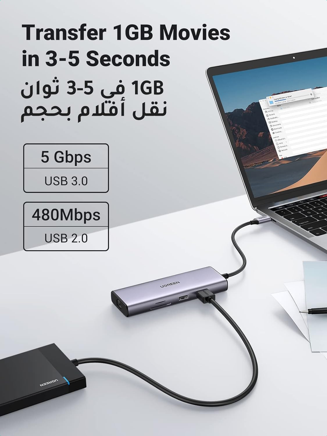 UGREEN USB-C to 2×USB 3.0+1×USB 2.0+2×HDMI+RJ45(1000M)+SD+TF+PD 4K60Hz / 90119