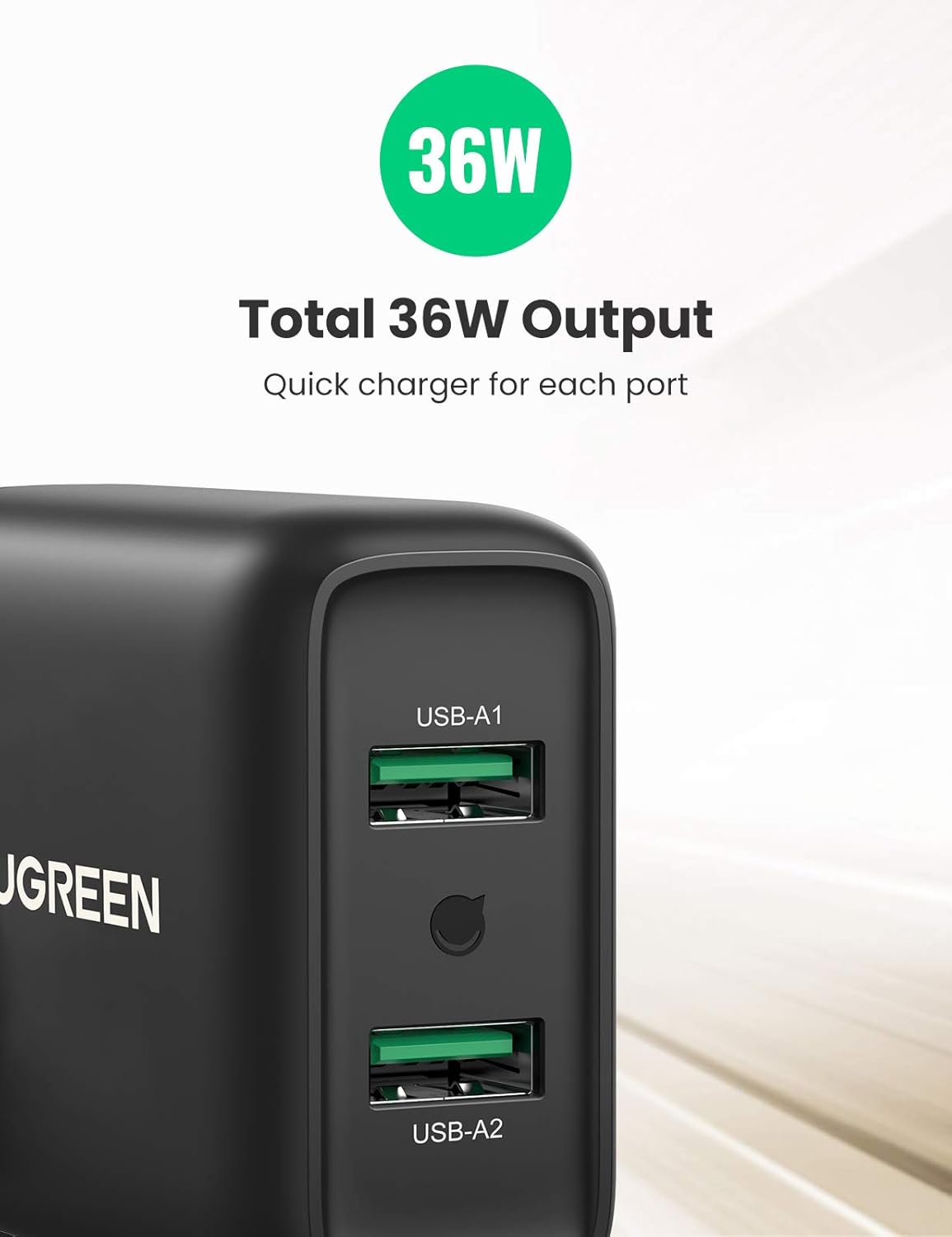 UGREEN 10216 USB Charger 36 W Quick Charge 3.0 2 Port Charger Adapter (Black)/ 10216