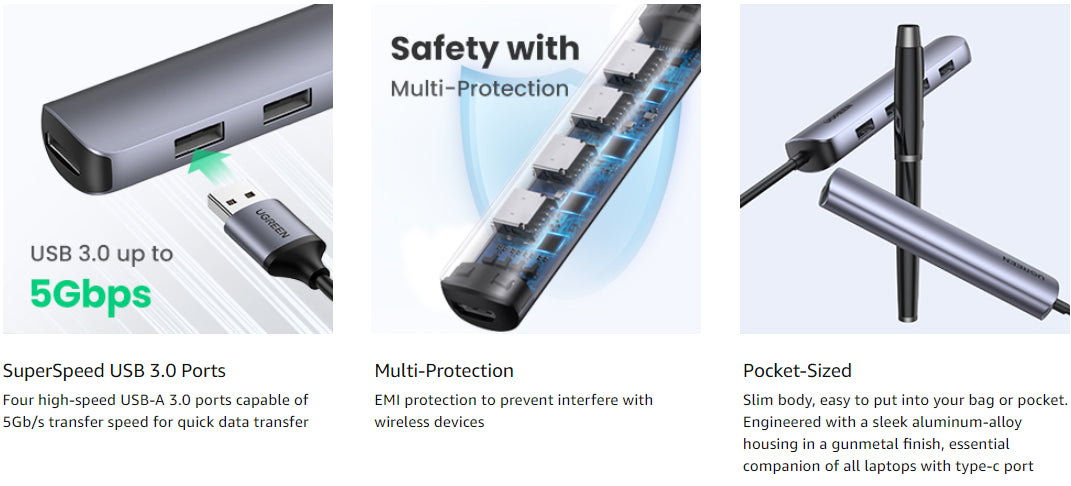 UGREEN USB-C to 4*USB 3.0 Up to 5Gpbs + HDMI Adapter With PD / 20197