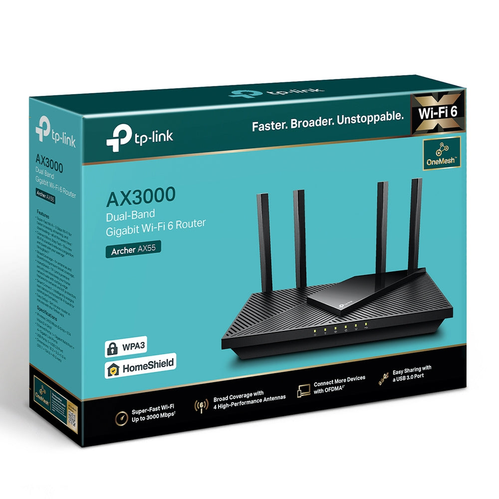 TP-Link AX3000 Dual-Band Gigabit Wi-Fi 6 Router, USB / Archer AX55