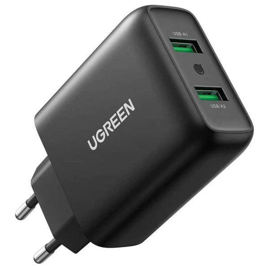 UGREEN 10216 USB Charger 36 W Quick Charge 3.0 2 Port Charger Adapter (Black)/ 10216