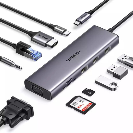 15601 / UGREEN USB-C to 3*USB 3.0 A+HDMI 4K@30Hz;2K@60HZ;1080P@120Hz + VGA + RJ45 + SD/TF + 3.5mm Audio + PD Adapter