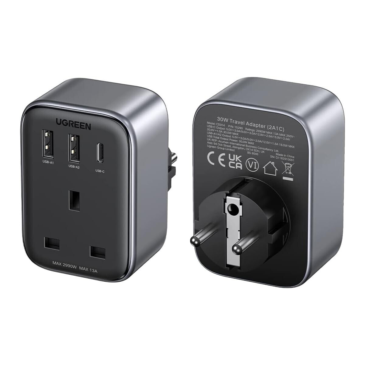 UGREEN - Outlet Extender Converter (1 AC Outlets+ 30W 2A1C) UK Socket and EU Plug / 15261