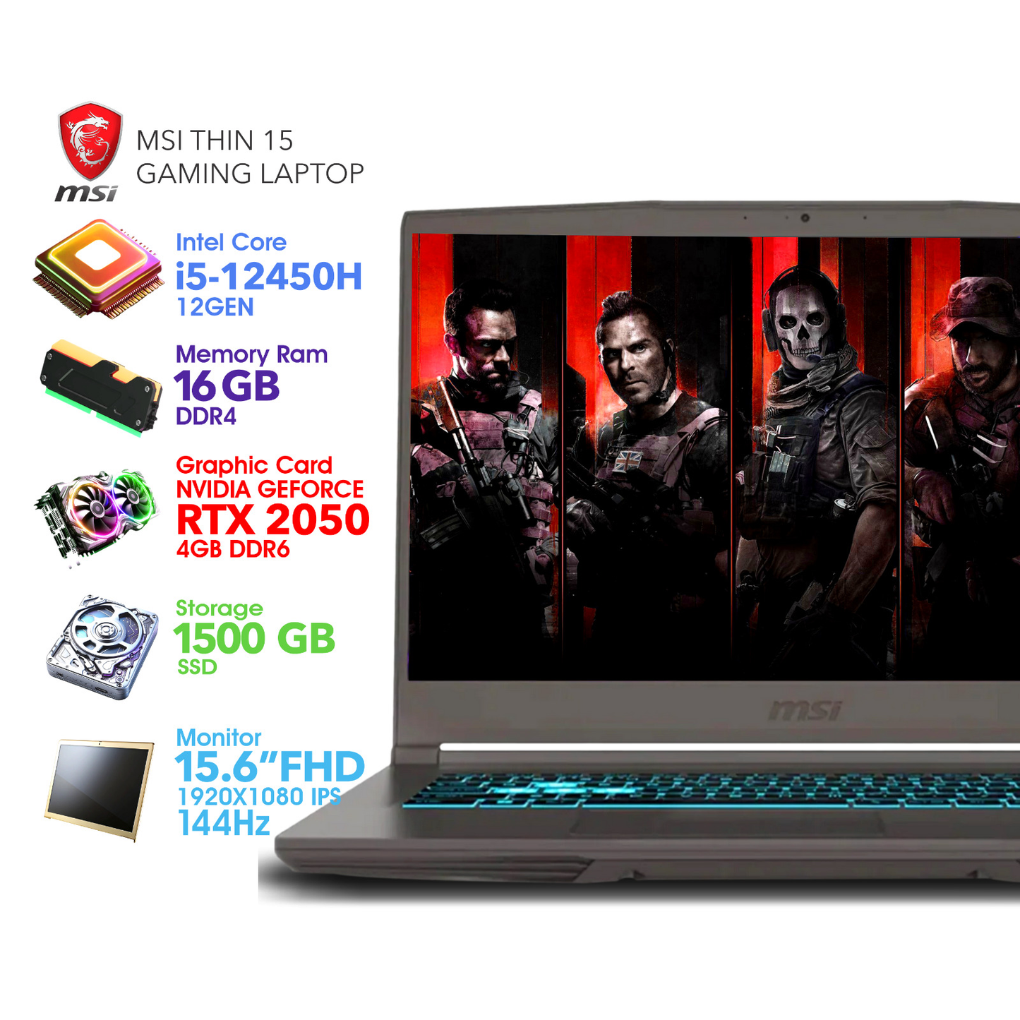 MSI i5 الجيل الثاني، 16 جيجابايت رام، RTX 2050، 1500 جيجابايت SSD