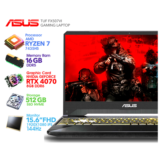 معالج Asus TUF Ryzen 7 - RTX 4070، ذاكرة وصول عشوائي (RAM) سعة 16 جيجابايت، وقرص SSD سعة 512 جيجابايت 