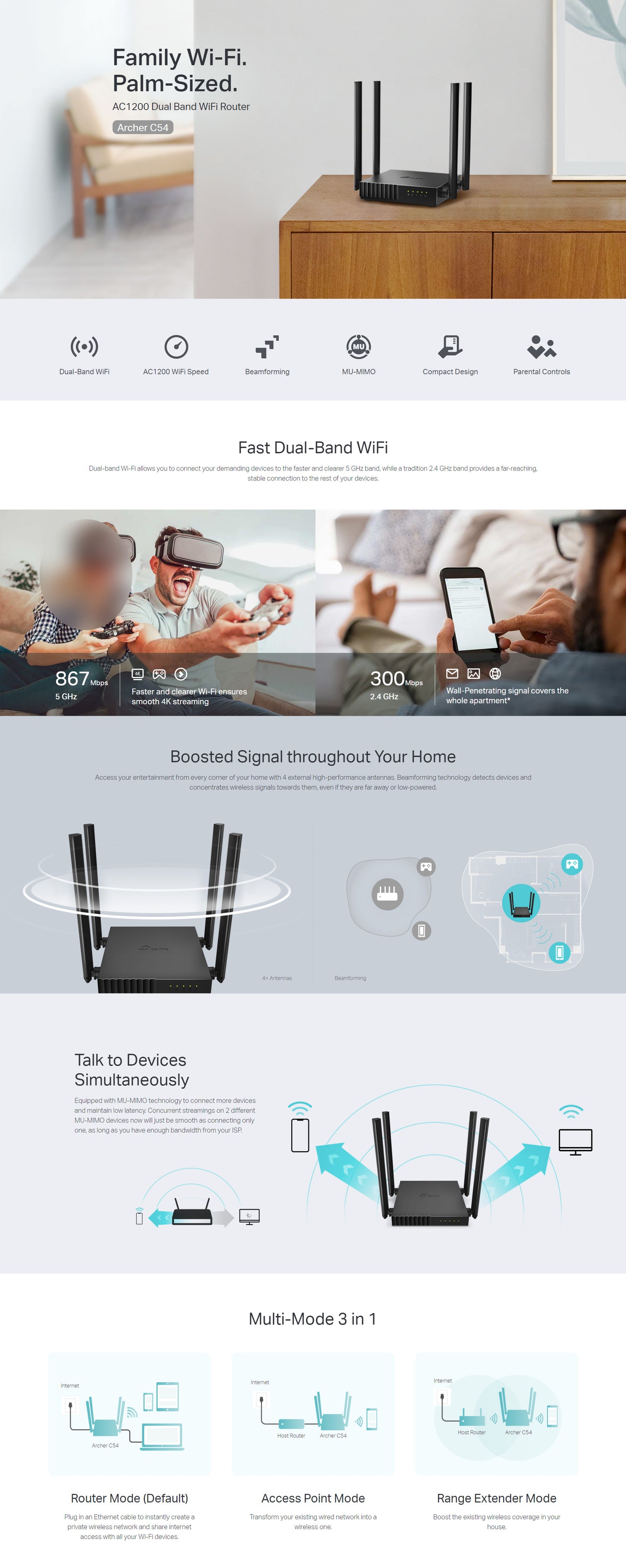 Archer AC1200 Dual Band Wi-Fi Router, Multi-Mode 3-in-1 / Archer C54