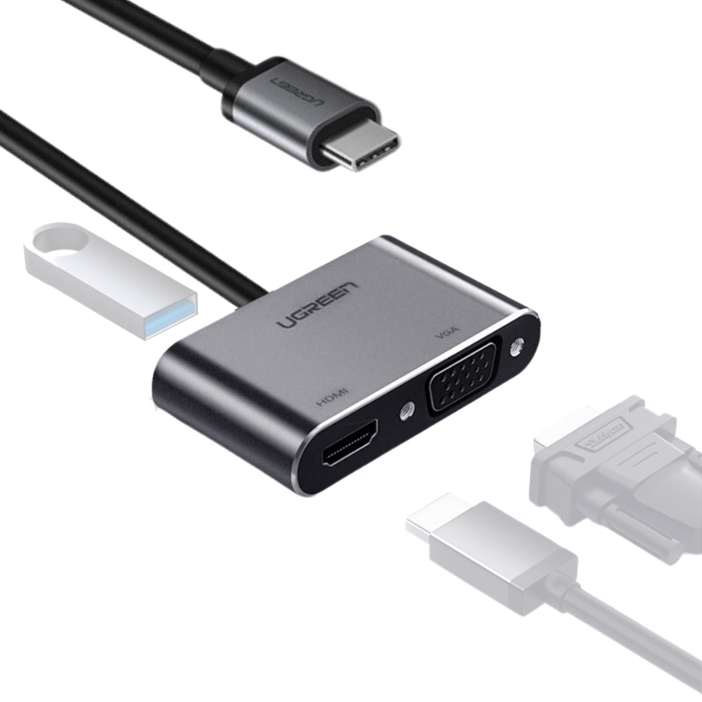 50505 / UGREEN USB-C to HDMI + VGA Adapter with PD (Space Gray) (simultaneously use)