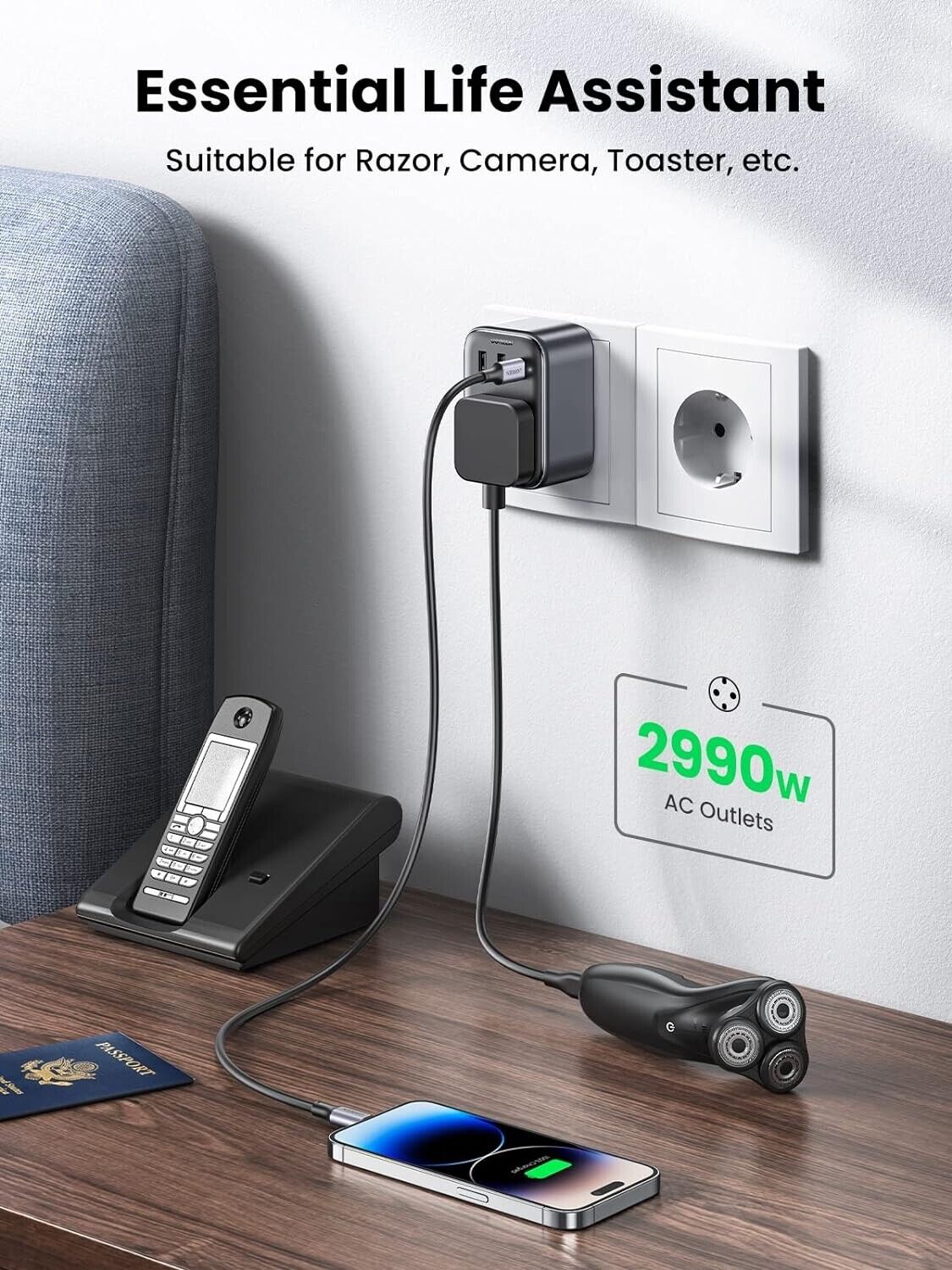 UGREEN - Outlet Extender Converter (1 AC Outlets+ 30W 2A1C) UK Socket and EU Plug / 15261