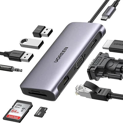 80133 / UGREEN USB-C to 3*USB 3.0 A+HDMI 4K@30Hz;2K@60HZ;1080P@120Hz + VGA +RJ45  +SD/TF + 3.5mm Audio + PD Multifunction Adapter (Space Gray)